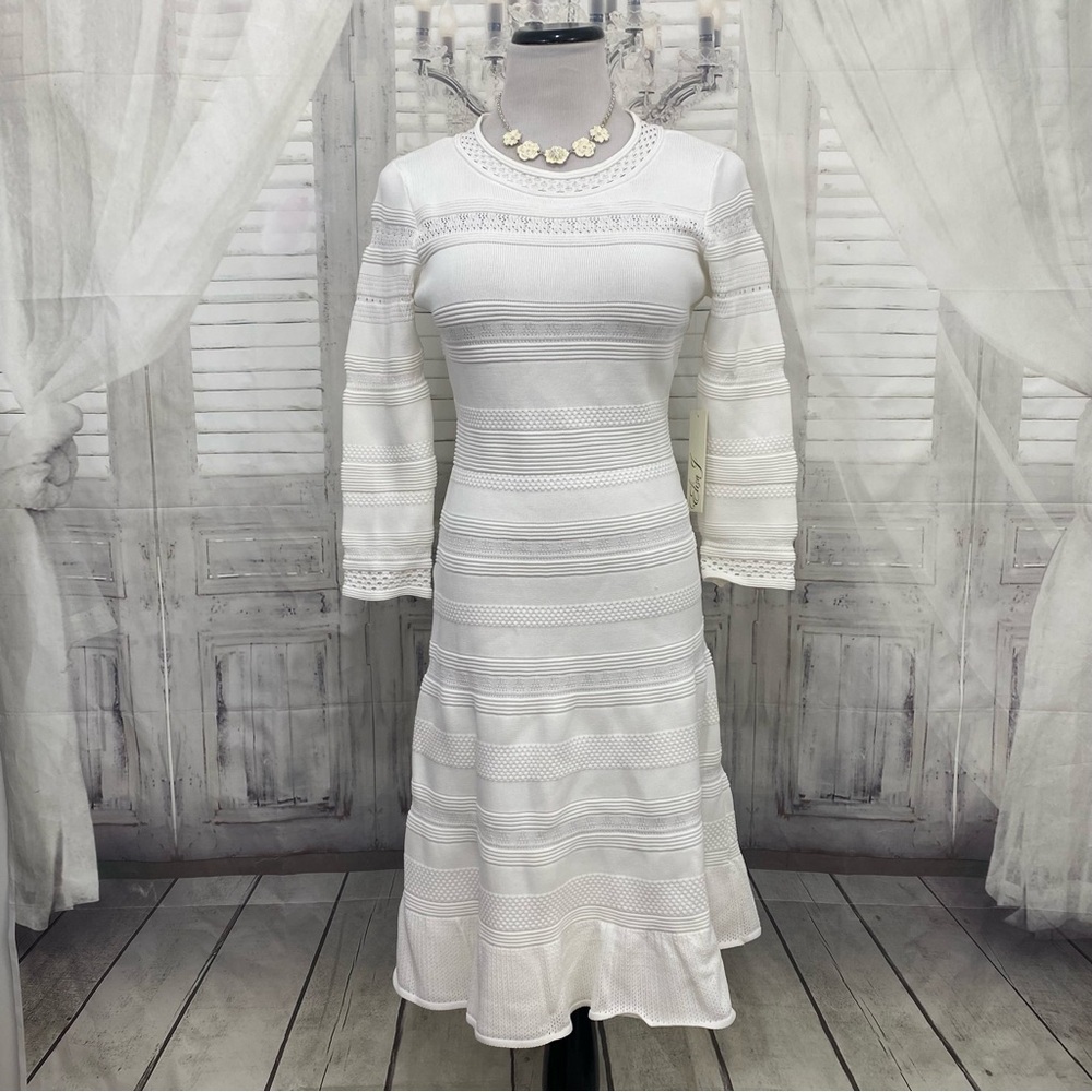 Eliza J Size Small White Pointelle Ruffle Hem Sweater Dress Sleeves Fit & Flare